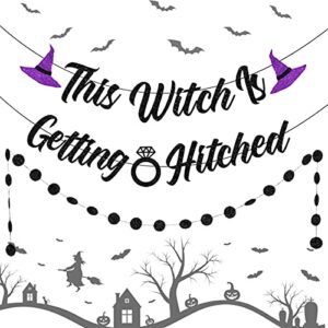 this witch is getting hitched banner, purple halloween witch bachelorette hen bridal shower party supplies with circle dots garland for women