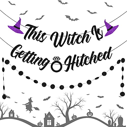 This Witch is Getting Hitched Banner, Purple Halloween Witch Bachelorette Hen Bridal Shower Party Supplies with Circle Dots Garland for Women