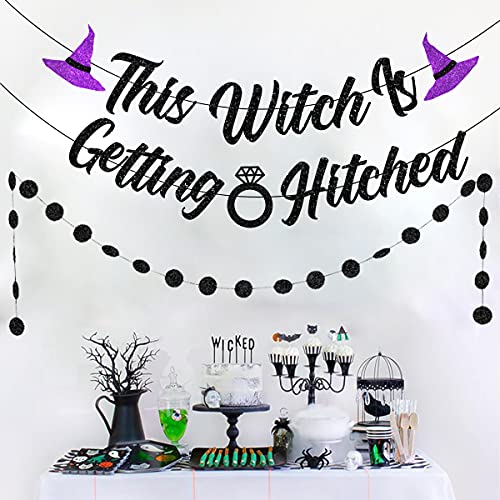 This Witch is Getting Hitched Banner, Purple Halloween Witch Bachelorette Hen Bridal Shower Party Supplies with Circle Dots Garland for Women