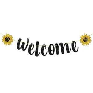t-minimalist welcome banner, black glitter hanging sign party banner decorations, induction party | welcome home | school new terms begins welcome sign bunting banner 6.3 feet