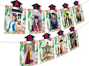 tropical aloha graduation photo banner – aloha grad photo banner with tassel, summer hawaiian luau congrats grad photo banner for college graduation party decorations