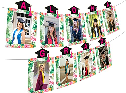 Tropical Aloha Graduation Photo Banner - Aloha Grad Photo Banner with Tassel, Summer Hawaiian Luau Congrats Grad Photo Banner for College Graduation Party Decorations