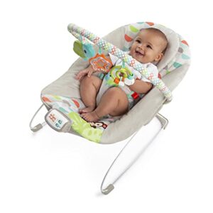 bright starts happy safari vibrating baby bouncer seat with 3-point harness and-toy bar, age 0-6 months