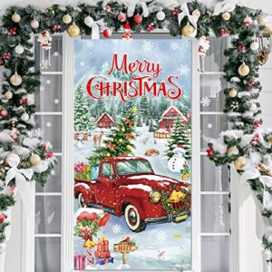 christmas door covers red truck xmas cover for door christmas truck front door cover for merry christmas new year photography background party decoration, 70.9 x 35.4 inches