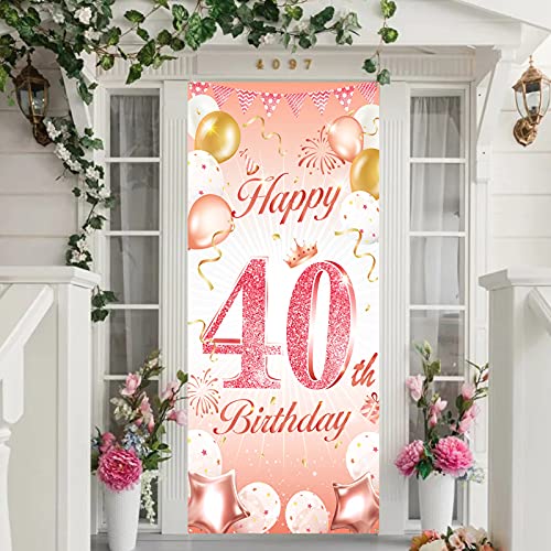 DPKOW Rose Gold 40th Birthday Party Decoration for Woman, Rose Gold 40th Birthday Banner for Backdrop Door Decoration,40th Birthday Background Banner for Garden Wall Decoration, 185 x 90cm Fabric