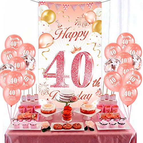 DPKOW Rose Gold 40th Birthday Party Decoration for Woman, Rose Gold 40th Birthday Banner for Backdrop Door Decoration,40th Birthday Background Banner for Garden Wall Decoration, 185 x 90cm Fabric