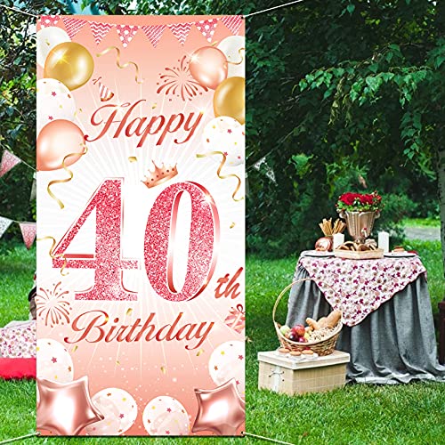 DPKOW Rose Gold 40th Birthday Party Decoration for Woman, Rose Gold 40th Birthday Banner for Backdrop Door Decoration,40th Birthday Background Banner for Garden Wall Decoration, 185 x 90cm Fabric