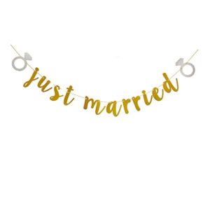 just married banner, gold wedding engagement party sign, bridal shower / bachelorette party decorations supplies bunting garlands