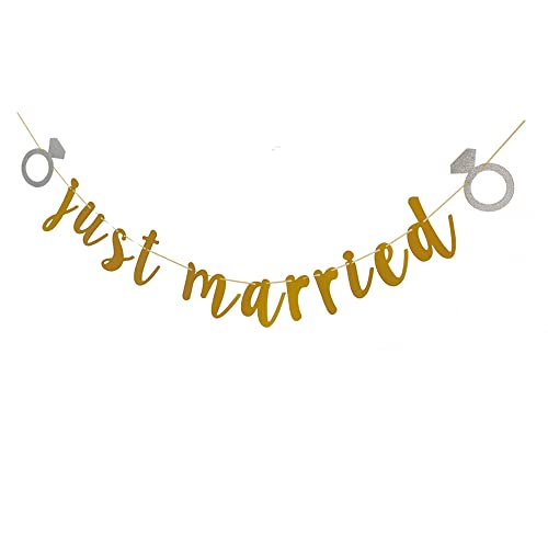 Just Married Banner, Gold Wedding Engagement Party Sign, Bridal Shower / Bachelorette Party Decorations Supplies Bunting Garlands