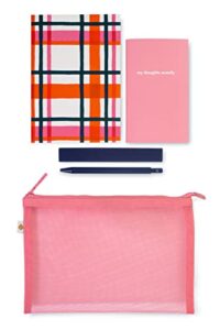 kate spade new york jotter pouch with office/school supplies for women, mesh travel zip pouch includes 2 notebooks and ink pen, pink colorblock