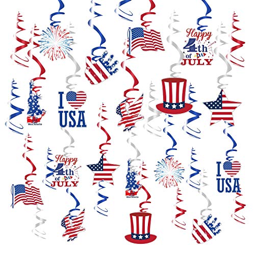 DmHirmg Fourth of July Decorations Hanging Swirl,4th of July Swirl Decorations,Shiny Patriotic Party Decor Supplies,30 Pcs Independence Day Hanging Spiral Decor for Patriotic Party Decor