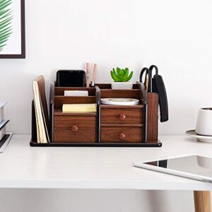 brown wooden office supplies caddy tabletop storage desk organizer with compartments 3 drawers slots 2 shelves racks holder pen, pencil & marker cases multifunction desktop stationery accessory sorter