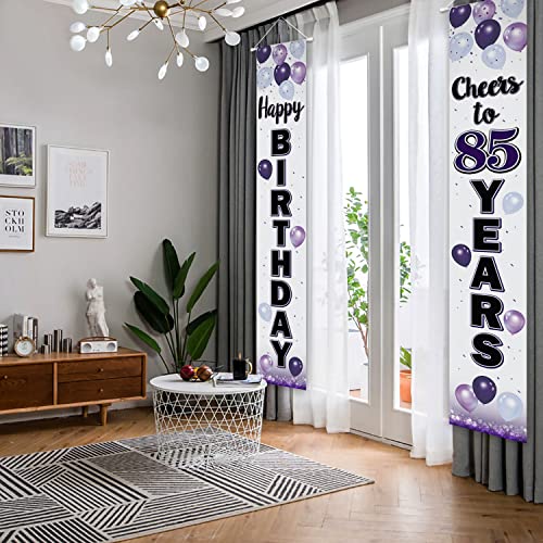 LASKYER Happy 85th Birthday Purple Door Banner - Cheers to 85 Years Old Birthday Front Door Porch Sign Backdrop,85th Birthday Party Decorations.