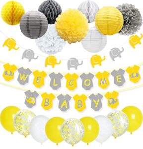 joymemo yellow grey elephant baby shower decorations neutral for boy or girl, welcome baby banner elephant garland confetti balloons for gender neutral baby decor
