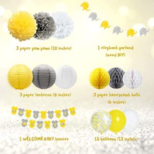 JOYMEMO Yellow Grey Elephant Baby Shower Decorations Neutral for Boy or Girl, Welcome Baby Banner Elephant Garland Confetti Balloons for Gender Neutral Baby Decor