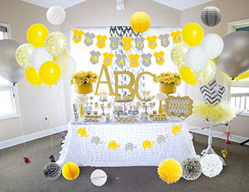 JOYMEMO Yellow Grey Elephant Baby Shower Decorations Neutral for Boy or Girl, Welcome Baby Banner Elephant Garland Confetti Balloons for Gender Neutral Baby Decor