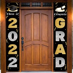 2022 graduation decorations banner, class of 2022, congrats grad banner, graduation hanging flag porch sign, graduation party decorations supplies for indoor/outdoor/home/door/wall decor (black gold)
