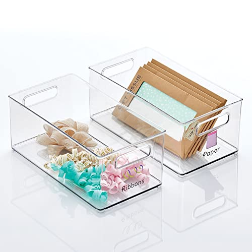 mDesign Plastic Craft Room Storage Box - Sewing, Crochet Storage Container with Built-in Handles for Thread, Beads, Ribbon, Glitter, Clay - 14.6" x 8.1" x 6" Pack of 2, Includes 24 Labels - Clear