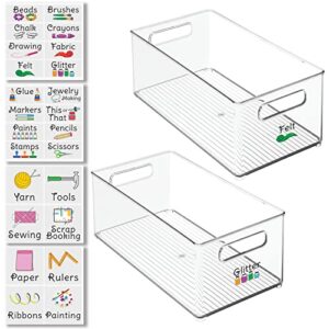 mDesign Plastic Craft Room Storage Box - Sewing, Crochet Storage Container with Built-in Handles for Thread, Beads, Ribbon, Glitter, Clay - 14.6" x 8.1" x 6" Pack of 2, Includes 24 Labels - Clear