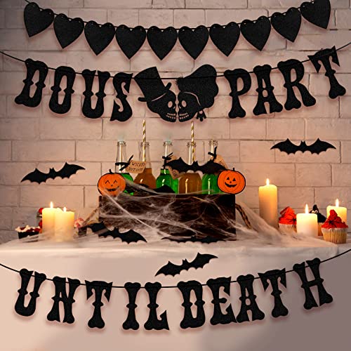 Gueevin 3 Pcs Til Death Do Us Part Banner Bride or Die Banner for Halloween Bachelorette Decoration Gothic Black Heart Bridal Shower Banner Day of The Dead Letter Including 36 Paper Cutouts