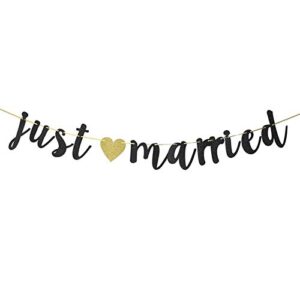 black glitter just married banner – just married sign – wedding banner – bridal shower / bachelorette party decoration supplies