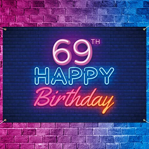 Glow Neon Happy 69th Birthday Backdrop Banner Decor Black – Colorful Glowing 69 Years Old Birthday Party Theme Decorations for Men Women Supplies