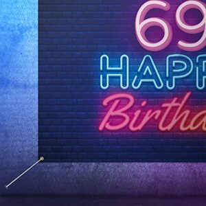 Glow Neon Happy 69th Birthday Backdrop Banner Decor Black – Colorful Glowing 69 Years Old Birthday Party Theme Decorations for Men Women Supplies