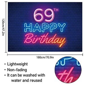 Glow Neon Happy 69th Birthday Backdrop Banner Decor Black – Colorful Glowing 69 Years Old Birthday Party Theme Decorations for Men Women Supplies