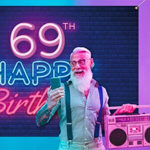 Glow Neon Happy 69th Birthday Backdrop Banner Decor Black – Colorful Glowing 69 Years Old Birthday Party Theme Decorations for Men Women Supplies