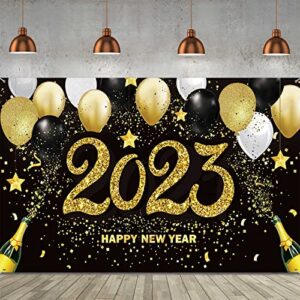 2023 happy new year photograph backdrop decoration black and gold happy new year’s eve banner fabric new year background glitter balloon for new year party celebration (72.8 x 43.3 inch)