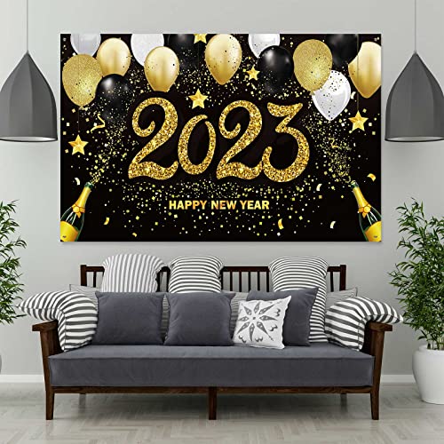 2023 Happy New Year Photograph Backdrop Decoration Black and Gold Happy New Year's Eve Banner Fabric New Year Background Glitter Balloon for New Year Party Celebration (72.8 x 43.3 Inch)