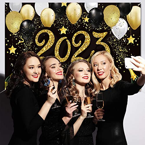 2023 Happy New Year Photograph Backdrop Decoration Black and Gold Happy New Year's Eve Banner Fabric New Year Background Glitter Balloon for New Year Party Celebration (72.8 x 43.3 Inch)