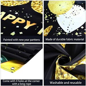 2023 Happy New Year Photograph Backdrop Decoration Black and Gold Happy New Year's Eve Banner Fabric New Year Background Glitter Balloon for New Year Party Celebration (72.8 x 43.3 Inch)