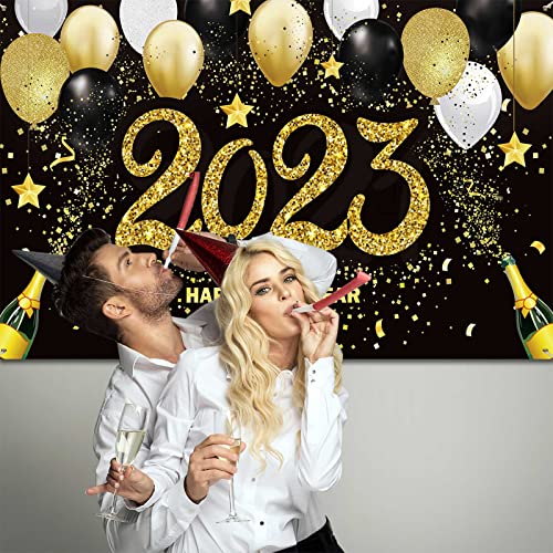 2023 Happy New Year Photograph Backdrop Decoration Black and Gold Happy New Year's Eve Banner Fabric New Year Background Glitter Balloon for New Year Party Celebration (72.8 x 43.3 Inch)