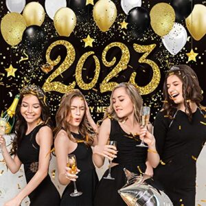 2023 Happy New Year Photograph Backdrop Decoration Black and Gold Happy New Year's Eve Banner Fabric New Year Background Glitter Balloon for New Year Party Celebration (72.8 x 43.3 Inch)