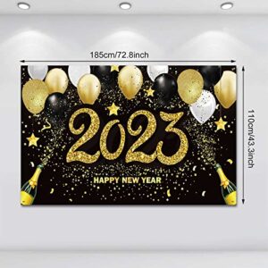 2023 Happy New Year Photograph Backdrop Decoration Black and Gold Happy New Year's Eve Banner Fabric New Year Background Glitter Balloon for New Year Party Celebration (72.8 x 43.3 Inch)