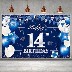 p.g collin happy 14th birthday banner backdrop sign background, 14 birthday party decorations supplies for boys girls 6 x 4ft blue silver
