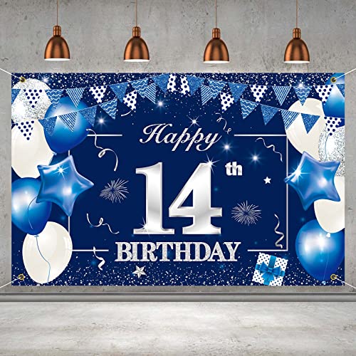 P.G Collin Happy 14th Birthday Banner Backdrop Sign Background, 14 Birthday Party Decorations Supplies for Boys Girls 6 x 4ft Blue Silver