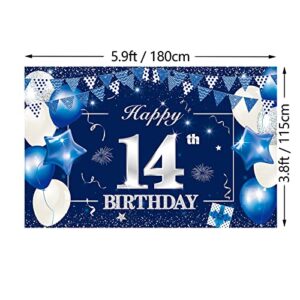 P.G Collin Happy 14th Birthday Banner Backdrop Sign Background, 14 Birthday Party Decorations Supplies for Boys Girls 6 x 4ft Blue Silver