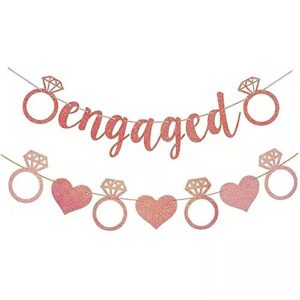 Engaged Party Decorations Wedding Banners Bachelorette Party Banner Rose Diamond Ring Banner for Engaged Wedding Anniversary Valentines Day Bridal Shower Party Bride to be Engagement Banner Decor