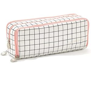 Wangyiqian Pencil Pen Case Multi Compartments Pen Bag Pouch Holder Large Capacity Square Grid Cosmetic Bags Organizer Girls Boys Adults Teen Double Window