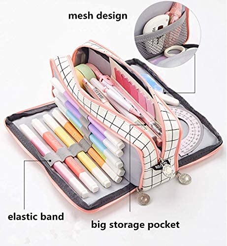 Wangyiqian Pencil Pen Case Multi Compartments Pen Bag Pouch Holder Large Capacity Square Grid Cosmetic Bags Organizer Girls Boys Adults Teen Double Window