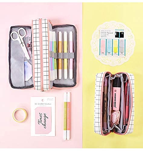 Wangyiqian Pencil Pen Case Multi Compartments Pen Bag Pouch Holder Large Capacity Square Grid Cosmetic Bags Organizer Girls Boys Adults Teen Double Window