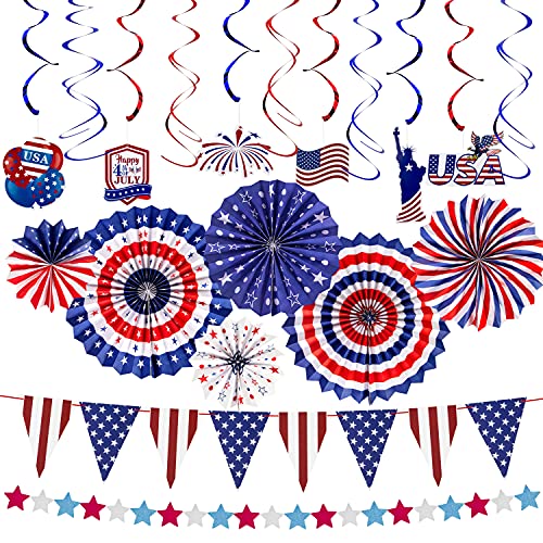 Unves 4th of July Decorations - 21Pcs Patriotic Decorations Banner Red White Blue Paper Fans, Hanging Swirls, Star Streamer for Independence Day, Memorial Day Decorations Patriotic Party Supplies