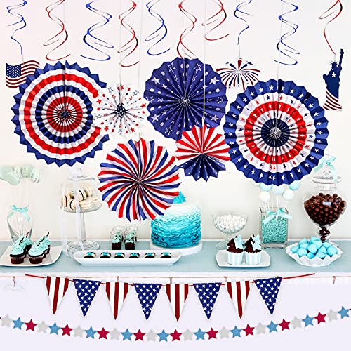 Unves 4th of July Decorations - 21Pcs Patriotic Decorations Banner Red White Blue Paper Fans, Hanging Swirls, Star Streamer for Independence Day, Memorial Day Decorations Patriotic Party Supplies