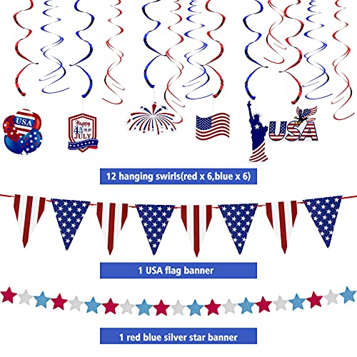 Unves 4th of July Decorations - 21Pcs Patriotic Decorations Banner Red White Blue Paper Fans, Hanging Swirls, Star Streamer for Independence Day, Memorial Day Decorations Patriotic Party Supplies