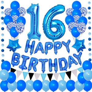 succris 16th blue theme for 16 years old birthday party supplies blue happy birthday banner blue circle dots garland paper hanging triangle flag banner confetti balloons number 16 blue