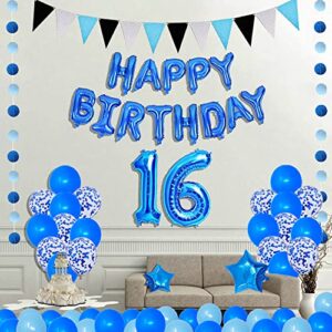 Succris 16TH Blue Theme for 16 Years Old Birthday Party Supplies Blue Happy Birthday Banner Blue Circle Dots Garland Paper Hanging Triangle Flag Banner Confetti balloons Number 16 Blue