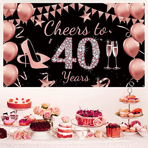 Cheers to 40 Years Banner Backdrop for 40th Birthday Decorations, Rose Gold 40 Year Old Birthday Party Supplies for Women, 40 Bday Decorations Party Banner Photography Background 72.8 x 43.3 Inch