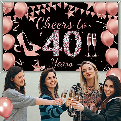 Cheers to 40 Years Banner Backdrop for 40th Birthday Decorations, Rose Gold 40 Year Old Birthday Party Supplies for Women, 40 Bday Decorations Party Banner Photography Background 72.8 x 43.3 Inch